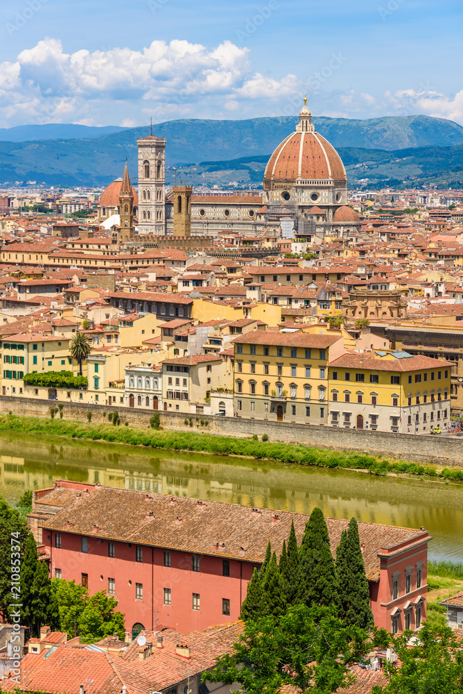 View of Florence from Piazzale Michelangelo - River Arno and Duomo Santa Maria Del Fiore and Bargello - Tuscany, Italy