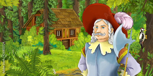 cartoon scene with young prince traveling and encountering hidden wooden house in the forest - illustration for children