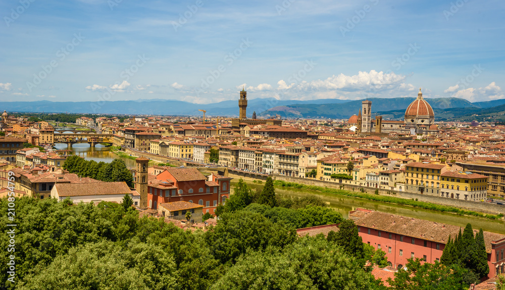View of Florence from Piazzale Michelangelo - River Arno with Ponte Vecchio and Palazzo Vecchio, Duomo Santa Maria Del Fiore and Bargello - Tuscany, Italy
