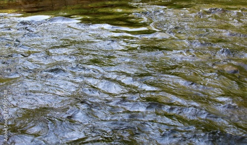 The water of the flowing creek on a close up view.