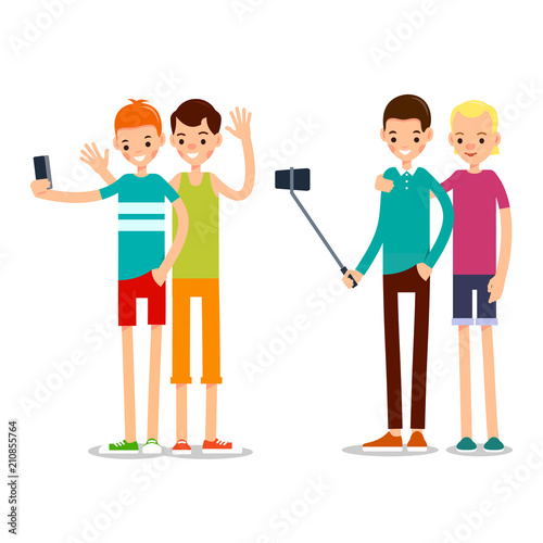 Two man selfie isolated. Friends do joint self-portrait photograph. Happy smiling young man taking selfie photo. Set illustration in flat style. Isolated