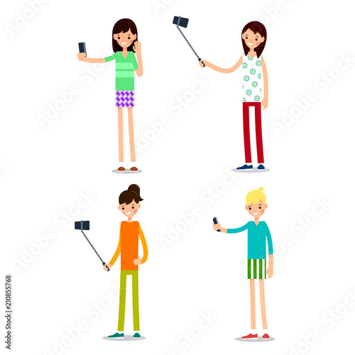 Woman selfie isolated. Friends do joint self-portrait photograph. Happy smiling young girls taking selfie photo. Set illustration in flat style. Isolated.
