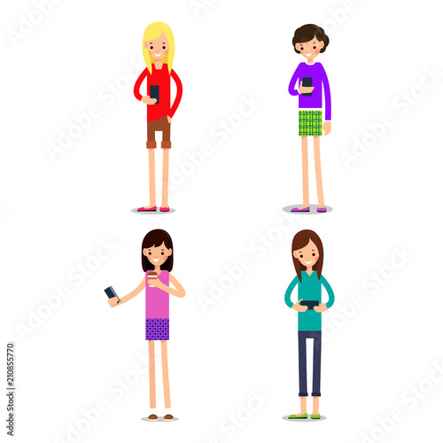 Woman selfie isolated. Friends do joint self-portrait photograph. Happy smiling young girls taking selfie photo. Set illustration in flat style. Isolated.
