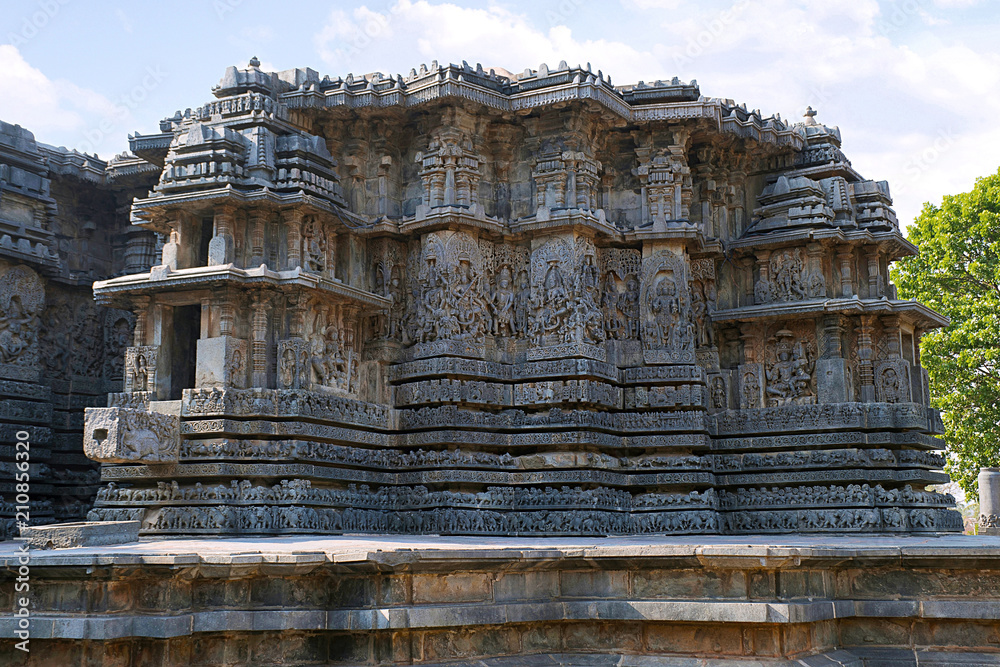 Facade and ornate wall panel relief, Hoysaleshwara temple, Halebidu, Karnataka. View from North West.