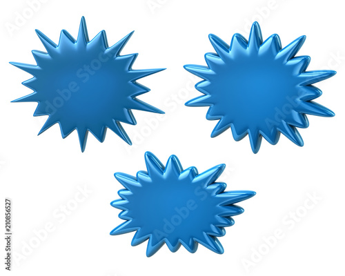 Three blue starburst speech bubbles 3d illustration on white background photo