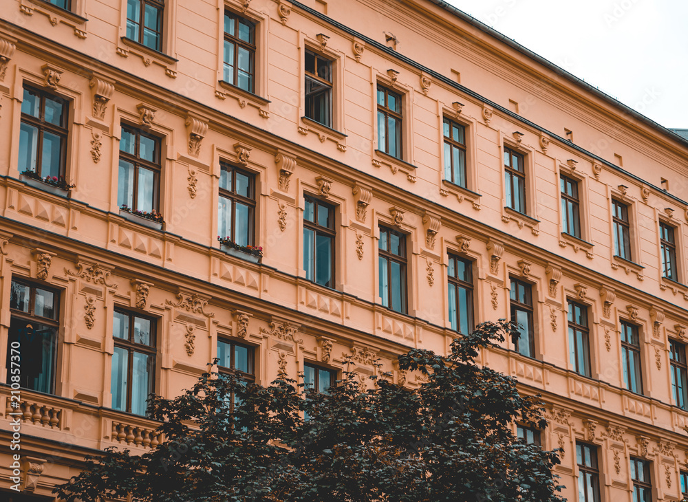 Naklejka premium orange apartment complex with green tree