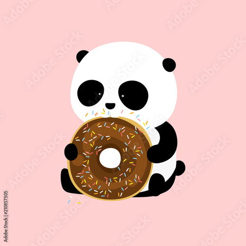 Vector Illustration: A cute cartoon giant panda is sitting on the ground, holding and eating a big chocolate doughnut / donut with purple icing and colorful sprinkles.