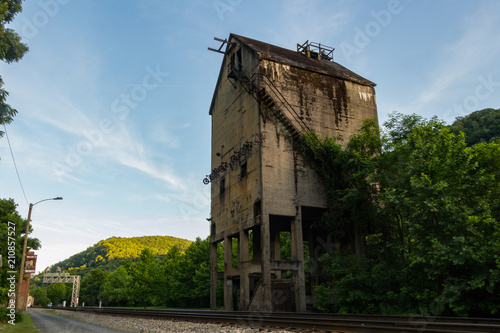 Thurmond West Virginia Coal Tower overgrown and delapitated.