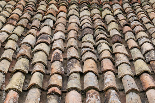 ancient red tiles roof. top view 