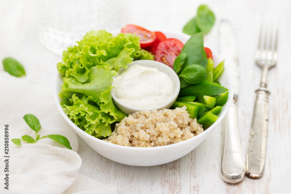 boiled quinoa with lettuce, pepper, tomato and sauce boiled quinoa with lettuce, pepper, tomato and sauce