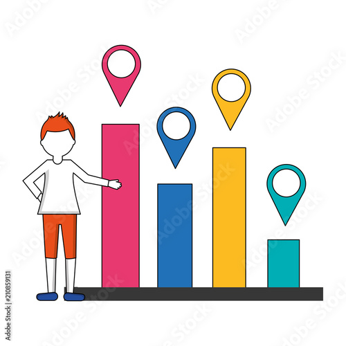 statistical graphics with man and pin location isolated icon