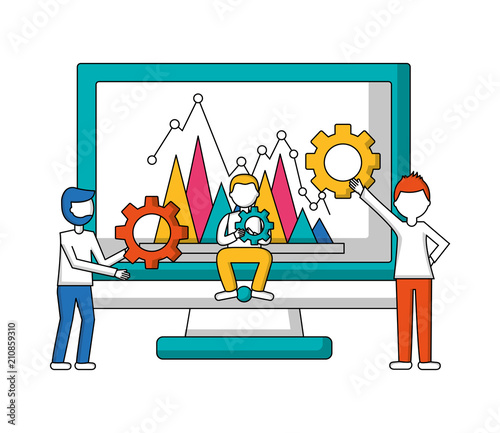 monitor computer with men and statistical graphics