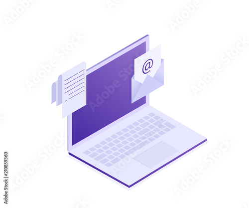 Laptop with envelope and document on screen. E-mail, email marketing, internet advertising concepts. Vector illustration, isometric design
