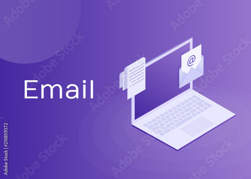 Laptop with envelope and document on screen. E-mail, email marketing, internet advertising concepts. Vector illustration, isometric design