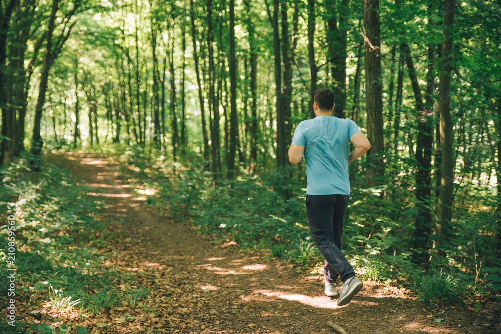 adult young man running in woods. copy space adult young man running in woods. copy space