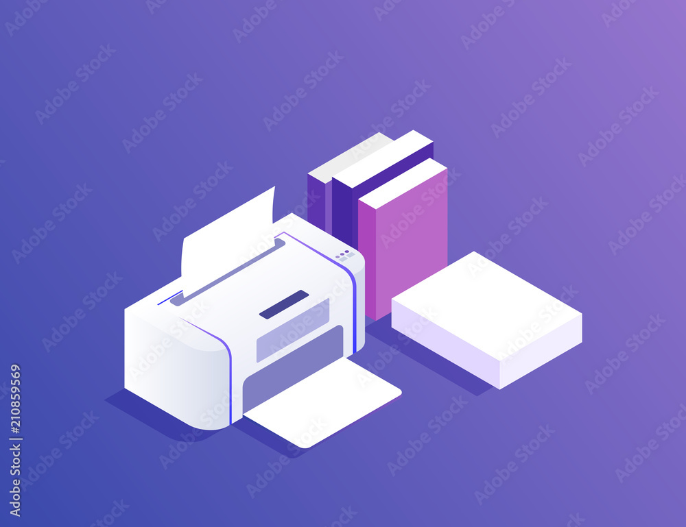 Flat design. Printer with paper and books. Modern vector illustration Flat design. Printer with paper and books. Modern vector illustration