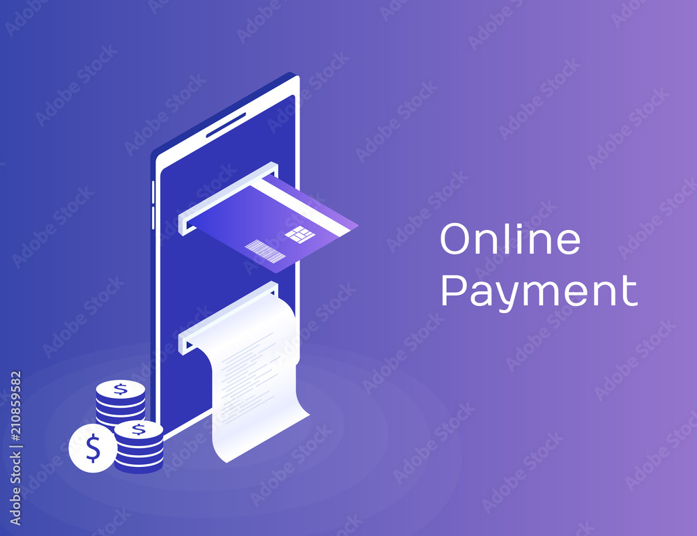 Payment by means of the mobile phone, payments electronic online, mobile purse, smartphone with check tape and payment card. Modern 3d isometric vector illustration Payment by means of the mobile phone, payments electronic online, mobile purse, smartphone with check tape and payment card. Modern 3d isometric vector illustration