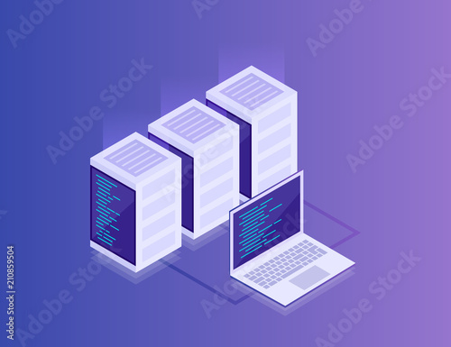 Concept of data network management .Vector isometric map with business networking servers and laptop.Cloud storage data and synchronization of devices.3d isometric style. Modern vector ilustration © NazArt