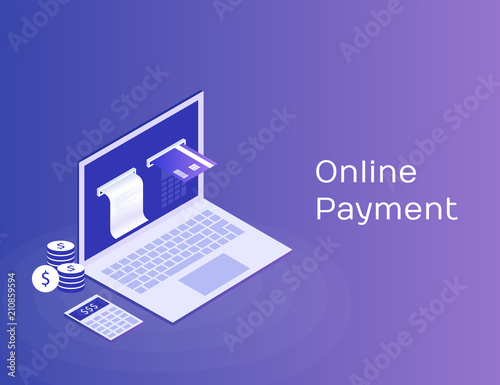 Concept of electronic bill and online bank, laptop with check tape and payment card. Modern 3d isometric vector illustration
