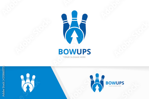 Vector bowling and arrow up logo combination. Game and growth symbol or icon. Unique kegling and upload logotype design template.
