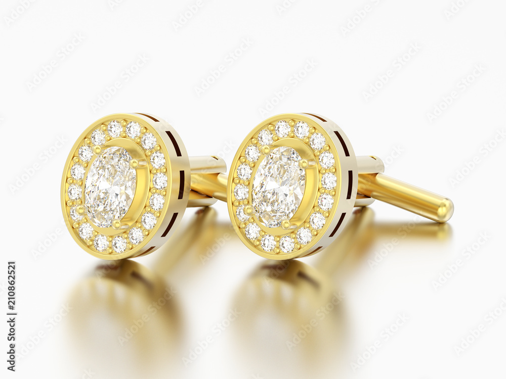 3D illustration two gold diamond cufflinks stud