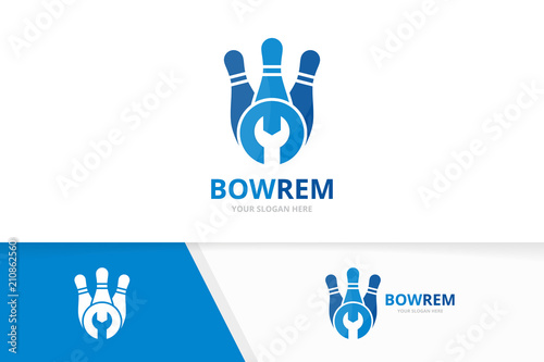 Vector bowling and repair logo combination. Game and fix symbol or icon. Unique kegling and service logotype design template.