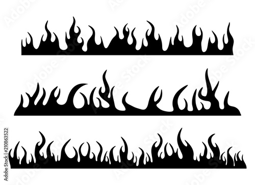 Burning fire flame silhouette set banner horizontal design isolated on white