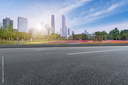 Air highway asphalt road and office building of commercial building in modern city