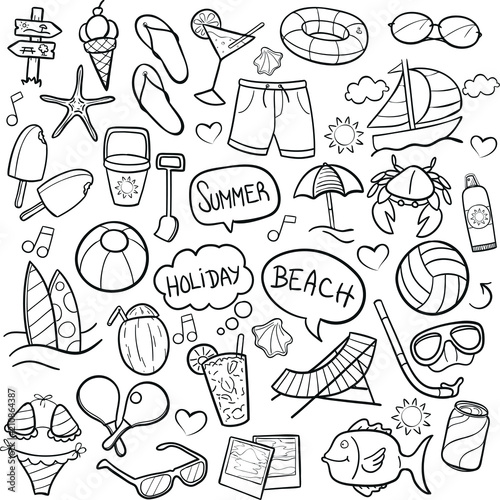 Summer Beach Day Doodle Icon Hand Draw Line Art
