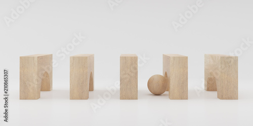 Abstract concept of wooden cubes arch and small sphere toy isolated on white background, 3d rendering