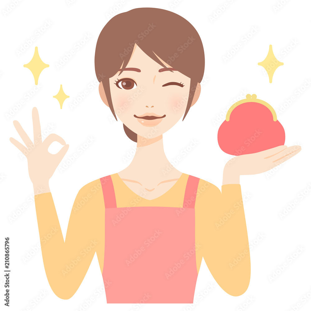 がま口財布を持つやりくり上手な若い主婦 エプロン 美人 フラット イラスト Stock Vektorgrafik Adobe Stock