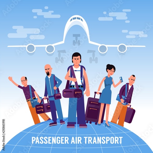 People travelers with luggage stand on the globe against the background of a take-off airliner. Flat style concept.