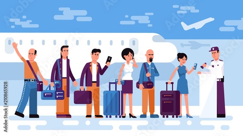 Queue of people travelers to check in for air flight against the background of an airfield with airplanes. Flat style.