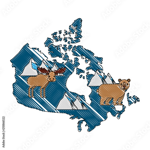 Canvas Print canada map silhouette with reindeer and bear grizzly