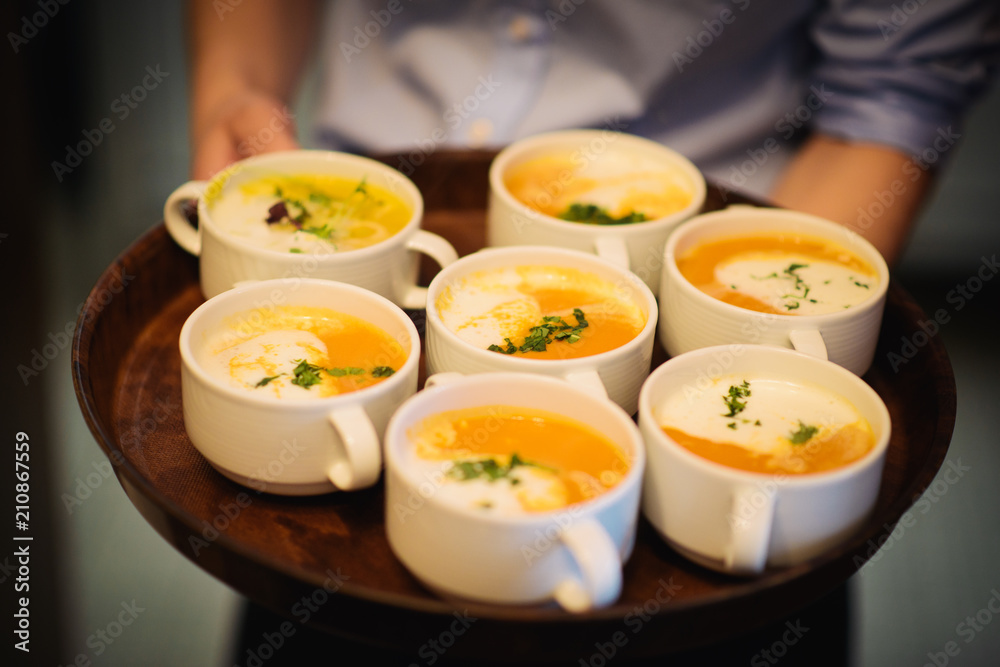 delicious soup in terrine with cream and herbs delicious soup in terrine with cream and herbs