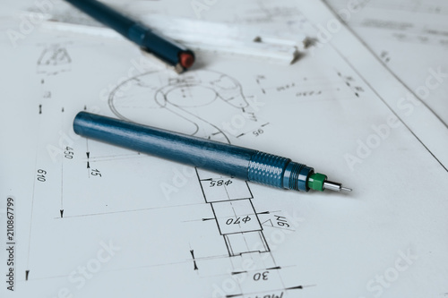 Technical pen (rapidograph) and technical drawing. Engineer equipment.