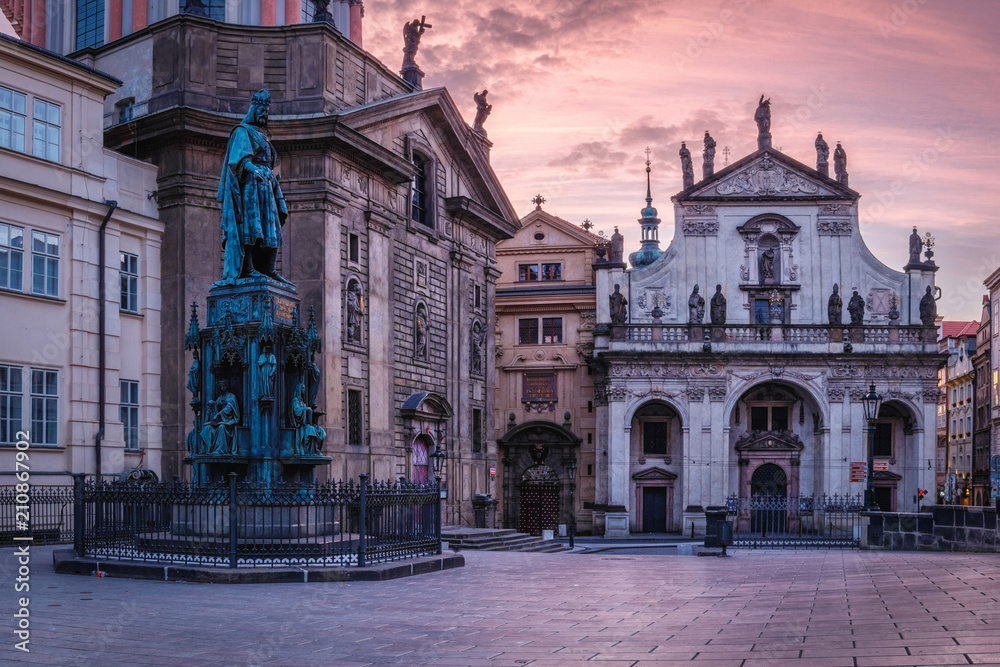 Krizovnicke square at the morning. Golden hour in Prague with city gas lamps and Charles IV statue, Czech Republic
