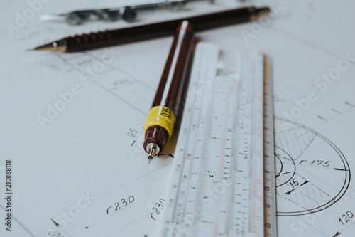Technical pen (rapidograph) and technical drawing. Engineer equipment.