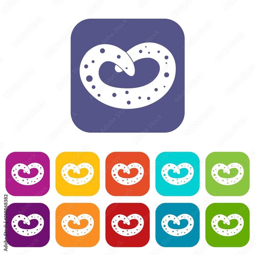 German pretzel icons set vector illustration in flat style in colors red, blue, green, and other German pretzel icons set vector illustration in flat style in colors red, blue, green, and other