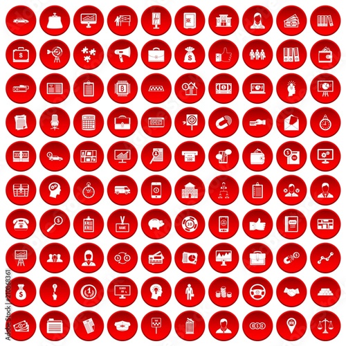 100 business group icons set in red circle isolated on white vector illustration