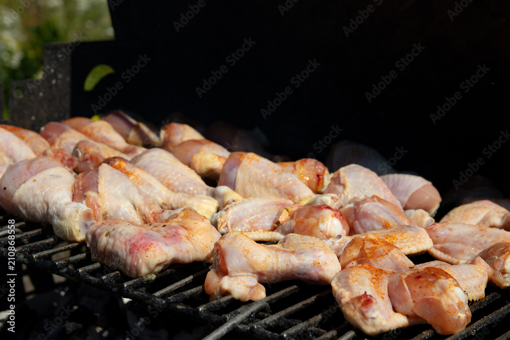 Raw chicken meat with spice on a barbecue. BBQ. Concept food. Raw chicken meat with spice on a barbecue. BBQ. Concept food.
