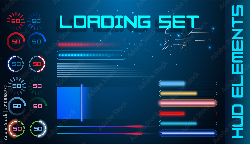 HUD Futuristic Element Loading Bars Set Vector Background. Abstract Big Pack User Interface Progress Monitor Illustration. HUD Futuristic Element Loading Bars Set Vector Background. Abstract Big Pack User Interface Progress Monitor Illustration.