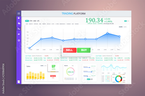 Financial infographics element on dark  background. Abstract charts, financial balance, business steps or processes. Market trade. Binary option. Trading platform, account.
