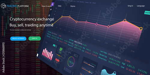 Mockup landing page website design concept stock exchange mobile application. Data analysis, statistics collection. Landing page template. Vector 3d illustration