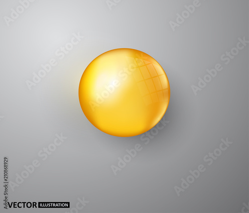 Oil gold bubble isolated on transparent background. Cosmetic pill capsule of vitamin E, A or argan oil. Golden glass ball template.