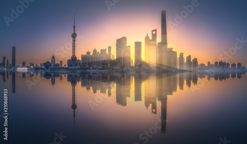 Sunrise view of Shanghai skyline with sunshine