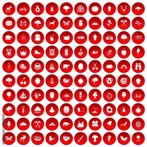 100 camping and nature icons set in red circle isolated on white vector illustration