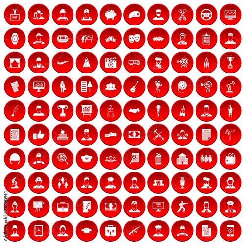 100 career icons set in red circle isolated on white vector illustration