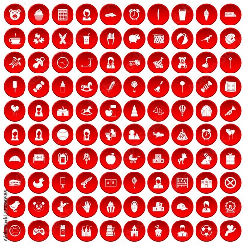 100 child center icons set in red circle isolated on white vector illustration