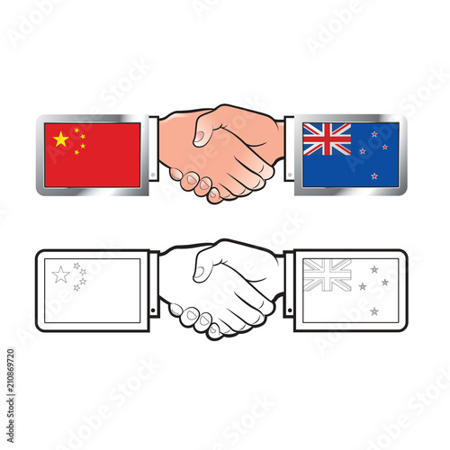 isolated hand shake with China and New Zealand flag vector illustration 